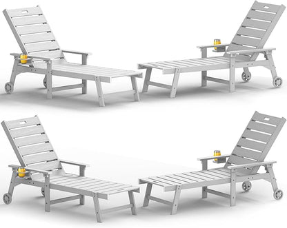 YEFU Lounge Chair Outdoor Set of 4: Outdoor Chaise Lounge with 5-Level Adjustable Backrest, Cup Holders & Wheels, All-Weather Resistance Chaise Lounge for Outside/Patio/Beach/Deck, White