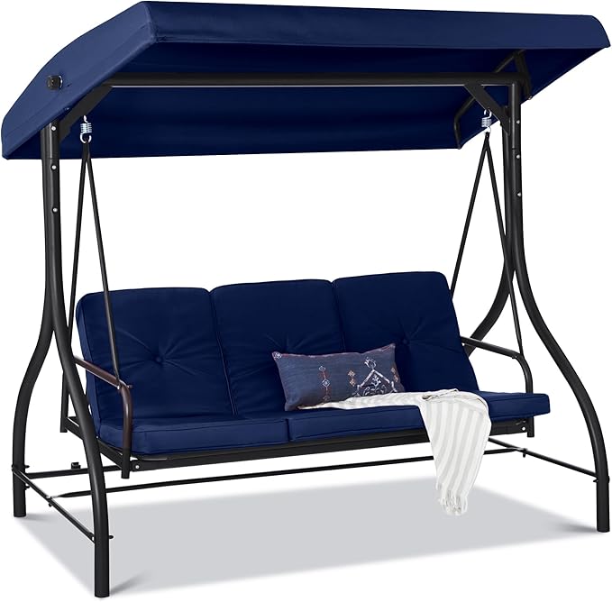 Best Choice Products 3-Seat Outdoor Large Converting Canopy Swing Glider, Patio Hammock Lounge Chair for Porch, Backyard w/Flatbed, Adjustable Shade, Removable Cushions - Navy