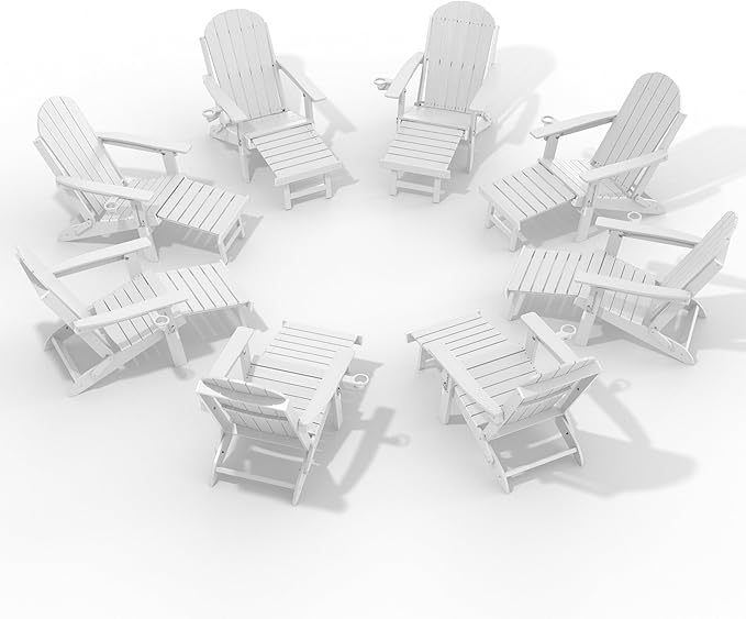 YEFU Adirondack Chair with Retractable Ottoman: Adjustable Folding Adirondack Chairs with Cup Holder - HDPE Plastic Outdoor Fire Pit Chairs Set of 8 - All Weather for Patio/Firepit/outside/Pool(White)