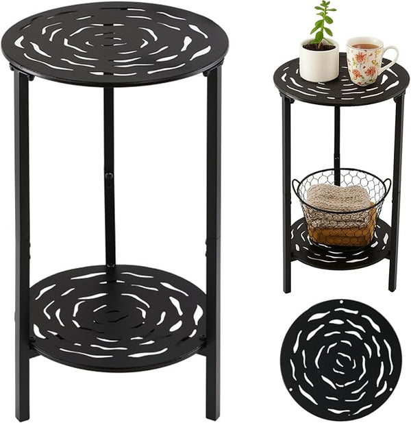 2-Tier Metal Round Side Table Black Accent Coffee Tables Small Space Corner Plant Stand Shelf for Indoor Outdoor Use - Photo 1