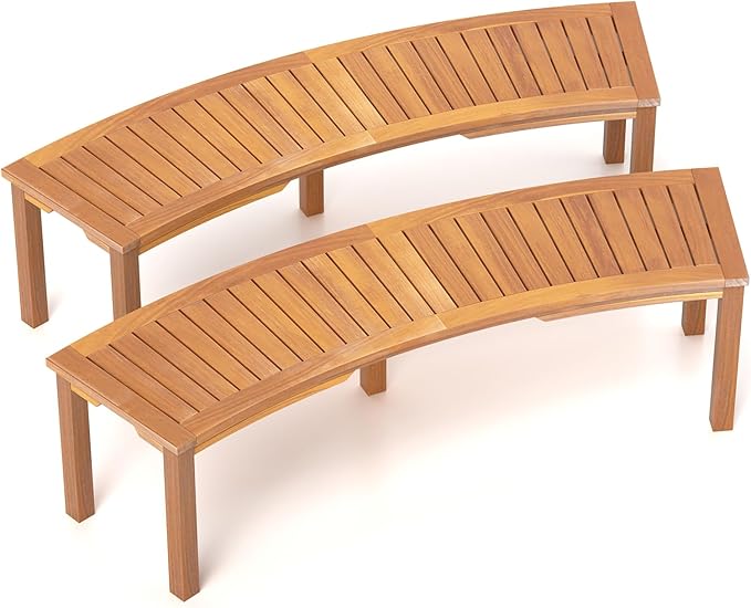 RELAX4LIFE Wooden Outdoor Curved Bench - Acacia Wood Garden Bench w/Slatted Seat - Photo 1
