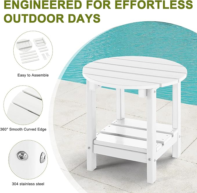 Set 2 Adirondack Outdoor Side Tables, 2-Tier Round Outdoor Table, Weather Resistant HDPE Patio End Table for Garden, Lawn, Pool, Beach, Porch, Deck, Backyard - White
