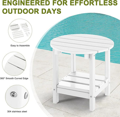 Set 2 Adirondack Outdoor Side Tables, 2-Tier Round Outdoor Table, Weather Resistant HDPE Patio End Table for Garden, Lawn, Pool, Beach, Porch, Deck, Backyard - White