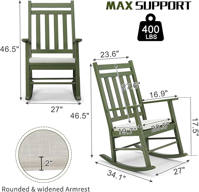 Outvita Outdoor Rocking Chair, Solid Wood High Back Rocker, All Weather Lounge Chair with Padded Cushions for Porch Patio Fire Pit Garden Backyard Deck Indoor, Green