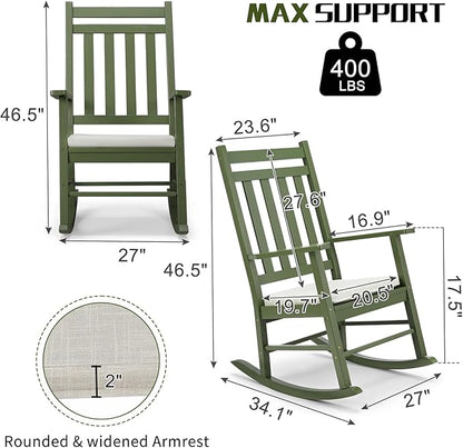Outvita Outdoor Rocking Chair, Solid Wood High Back Rocker, All Weather Lounge Chair with Padded Cushions for Porch Patio Fire Pit Garden Backyard Deck Indoor, Green