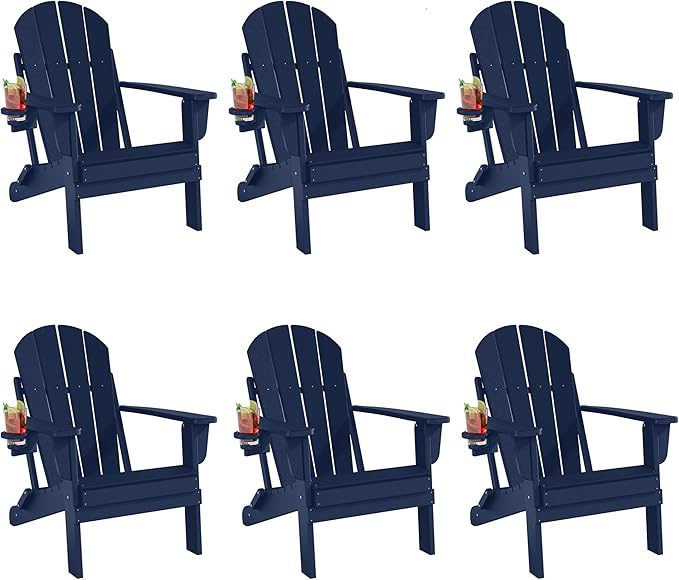 Folding Adirondack Chairs Set of 6, All-Weather Resistant HDPE Patio Firepit Chairs, Sturdy Outside Chairs with Cup Holder, Lawn Chairs, 80% Pre-Installed Load Capacity 385lb, Navy Blue