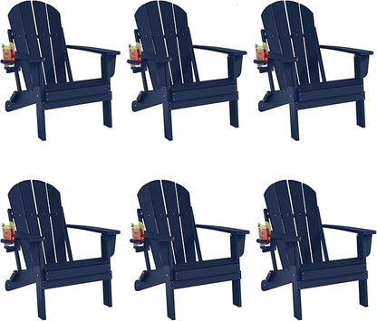 Folding Adirondack Chairs Set of 6, All-Weather Resistant HDPE Patio Firepit Chairs, Sturdy Outside Chairs with Cup Holder, Lawn Chairs, 80% Pre-Installed Load Capacity 385lb, Navy Blue