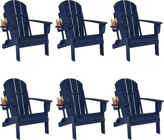 Folding Adirondack Chairs Set of 6, All-Weather Resistant HDPE Patio Firepit Chairs, Sturdy Outside Chairs with Cup Holder, Lawn Chairs, 80% Pre-Installed Load Capacity 385lb, Navy Blue