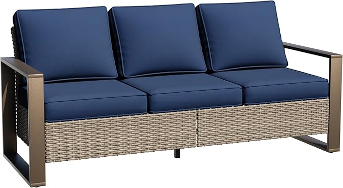 75" Patio Metal Wicker Sofa, All Weather Outdoor Rattan 3-Seat Sofa Couch with Premium Cushions & Rectangular Framed - Photo 1