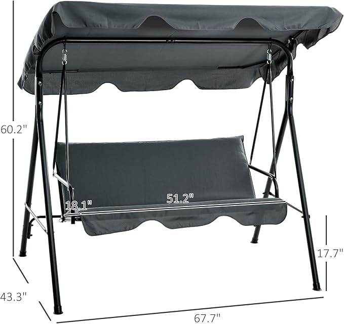 Outsunny 3-Seat Outdoor Patio Swing Chair with Removable Cushion, Steel Frame Stand and Adjustable Tilt Canopy for Patio - Photo 7