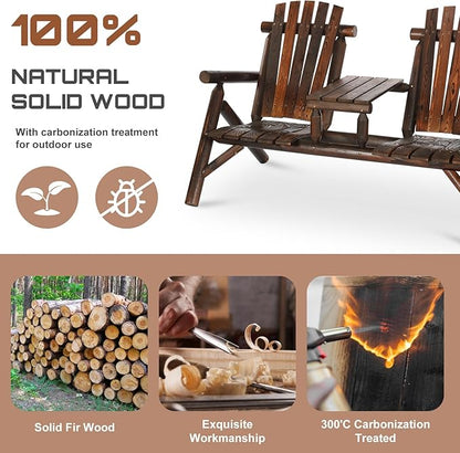 HOMEDIARY 2-Seat Wooden Adirondack Chair, Outdoor Log Patio Loveseat with Built-in Table, Patio Bench Fire Pit Chair Porch Furniture Conversation Set for Deck Lawn Pool Backyard, Carbonized