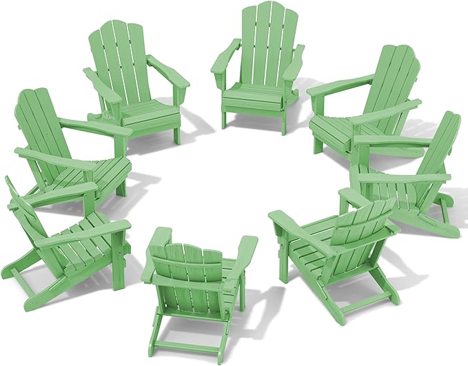 KINGYES Folding Adirondack Chair Set of 8, HDPE All-Weather Folding Adirondack Chair, Light Green