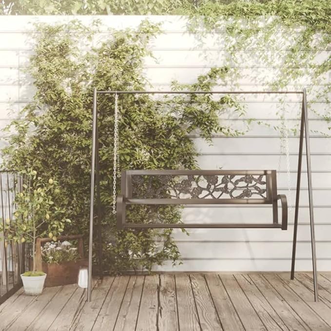 Outdoor Garden Swing Bench for 2 Person, Rose Pattern Metal Porch Swing Chair with Heavy Duty Steel Frame, Matte Black Patio Seating, 49 Inch
