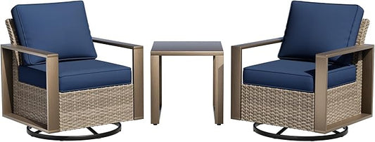Outdoor Swivel Rocker Metal Chairs Set of 2 with Small Coffee Table - 3 Pieces Patio Bistro Set with Rectangular Framed Wood-Looking Metal Armrest, 360 Degree Glider Chairs, Dark Blue