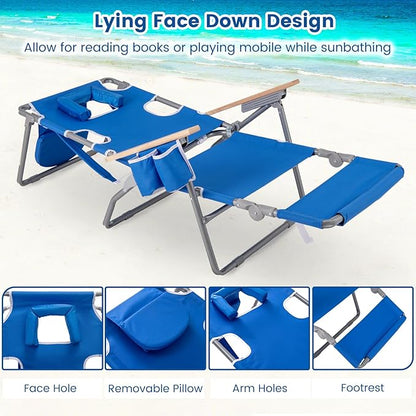 Goplus 3-in-1 Foldable Beach Chair, Lay-Flat Tanning Chair with Face and Arm Holes, Footrest, 330 lbs Heavy-Duty Portable Reclining Lounge Chairs for Outside, Camping, Patio, Poolside, Lawn (1,Navy)