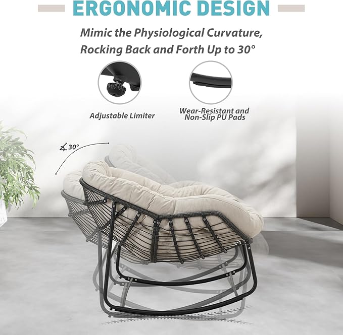 Outdoor Rocking Chairs Set of 2, Oversized Rattan Royal Rocking Chair with Padded Cushion, Rocker Egg Chair for Patio, Front Porch, Backyard, Beige