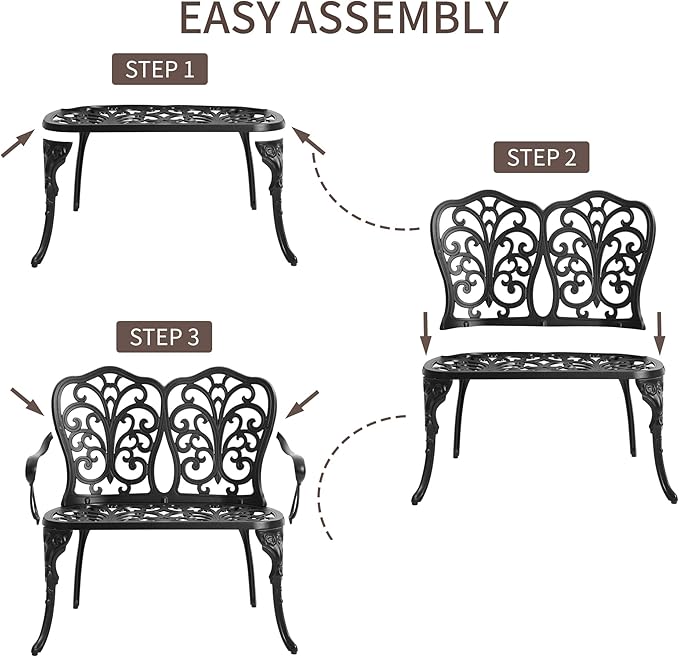HOMEFUN Outdoor Bench with Cushion - Patio Garden Benches Metal Loveseat Butterfly Cast-Aluminum Outside Furniture for Park Lawn Front Porch Black