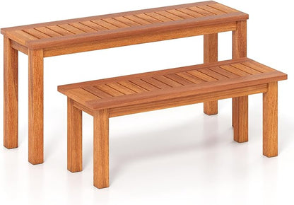 Tangkula Outdoor Backless Bench Set of 2, Solid Wood Patio Benches w/Slatted Seat, 2-Person Rustic Wooden Entryway Bench for Front Porch Garden Balcony Park Indoor, Weatherproof, Load up to 330 LBS