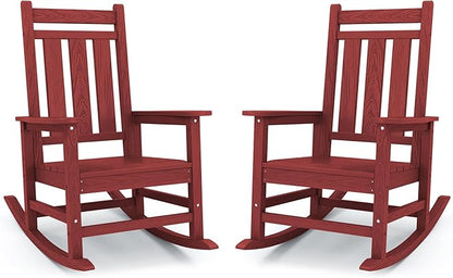 KINGYES Oversized Outdoor Rocking Chair Set of 2, All-Weather Patio Rocking Chairs for Porch, HDPE Outdoor Patio Rockers with High Back & Wide Seat for Garden, Lawn, Red