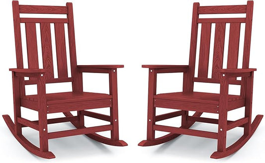 KINGYES Oversized Outdoor Rocking Chair Set of 2, All-Weather Patio Rocking Chairs for Porch, HDPE Outdoor Patio Rockers with High Back & Wide Seat for Garden, Lawn, Red
