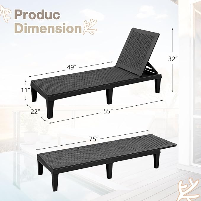 Homall Outdoor Lounge Chairs Set of 2, Quick Assembly & Waterproof Patio Chaise Lounge with Adjustable Backrest for Poolside, Beach, Garden (Black)