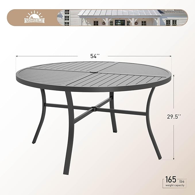 54" Patio Dining Table for 6, Round Patio Table with Umbrella Hole,E-Coating and Powder Coating Steel Frame Metal Outdoor Patio Table for Garden Backyard Lawn Yard