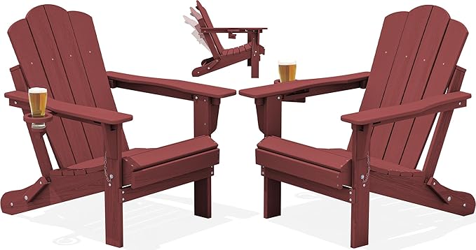KINGYES Adjustable Folding Adirondack Chair Set of 2, 3-Position Reclining Adirondack Chairs with Cup Holder, HDPE All-Weather Oversized Adirondack for Outdoor, Patio, Backyard Deck, Fire Pit, Red