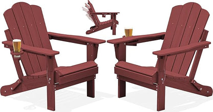 KINGYES Adjustable Folding Adirondack Chair Set of 2, 3-Position Reclining Adirondack Chairs with Cup Holder, HDPE All-Weather Oversized Adirondack for Outdoor, Patio, Backyard Deck, Fire Pit, Red