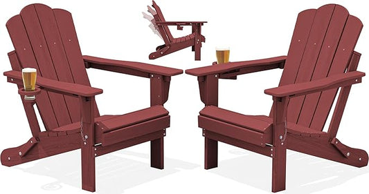 KINGYES Adjustable Folding Adirondack Chair Set of 2, 3-Position Reclining Adirondack Chairs with Cup Holder, HDPE All-Weather Oversized Adirondack for Outdoor, Patio, Backyard Deck, Fire Pit, Red