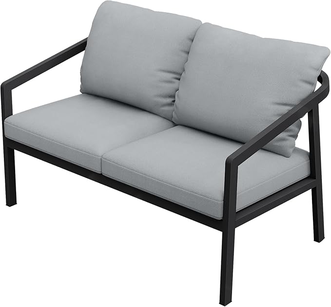 Outdoor Patio Loveseat, Never-Rust Aluminum Outdoor Loveseat Couch with Thick Cushions, Modern 2-Seater Patio Sofa Bench, Outdoor Sofa Loveseat Furniture for Backyard, Garden, Black | Never-Rust, Wraparound Design, Removable Cushions