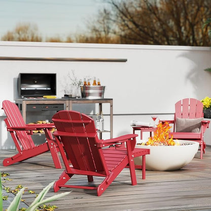 GREENVINES Adjustable Adirondack Chair with Retractable Ottoman Set of 2 | Folding | HDPE Plastic | Fire Pit Chairs w/Foot Rest | 2 Cup Holders | Red | for Outdoor Patio Poolside Deck