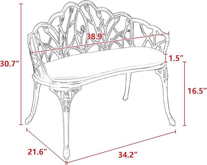 ZeHuoGe Patio Garden Bench Metal Park Bench Cast Aluminum Outdoor Furniture for Patio,Park,Lawn,Yard with Cushion