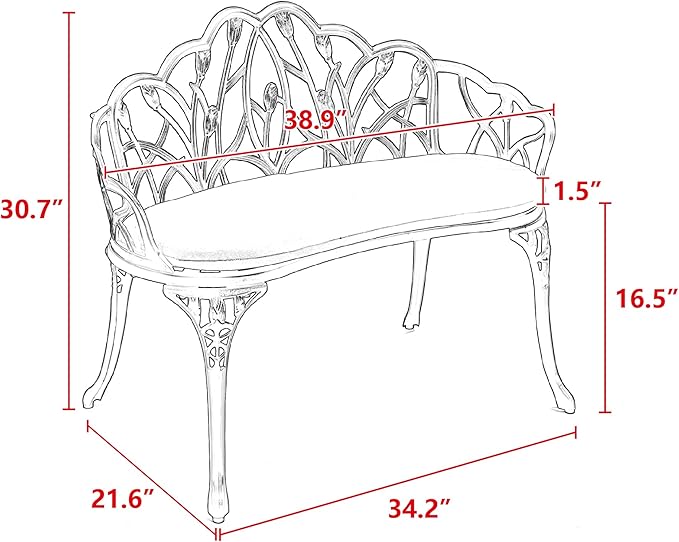 Tulip Patio Garden Bench Metal Park Bench Cast Aluminum Outdoor Furniture with Floral Rose for Patio,Park,Lawn,Yard Black Withe Cushion
