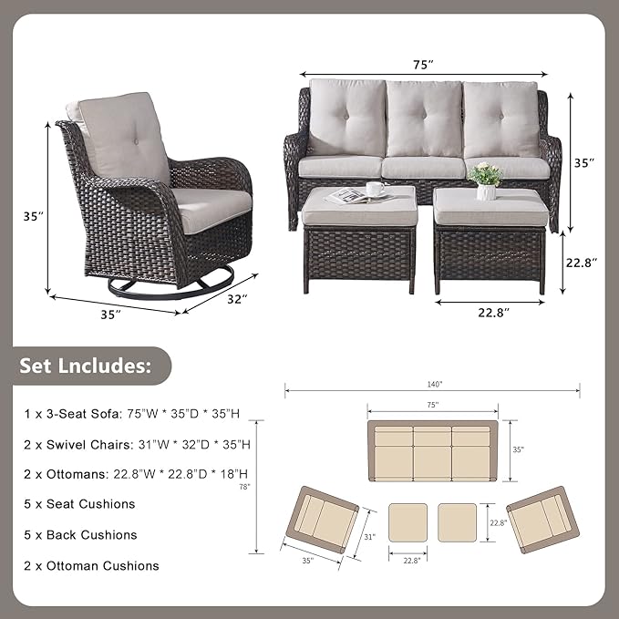 Rilyson Wicker Patio Furniture Set - 5 Piece Rattan Outdoor Sectional Conversation Sets with 2 Rocking Swivel Chairs - Photo 2