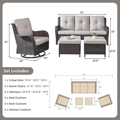 Rilyson Wicker Patio Furniture Set - 5 Piece Rattan Outdoor Sectional Conversation Sets with 2 Rocking Swivel Chairs,2 Ottomans and 1 Sofa for Porch Deck Garden(Brown/Beige)