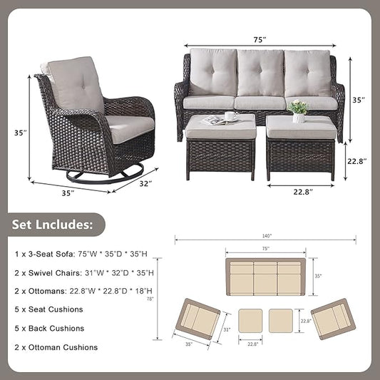Rilyson Wicker Patio Furniture Set - 5 Piece Rattan Outdoor Sectional Conversation Sets with 2 Rocking Swivel Chairs,2 Ottomans and 1 Sofa for Porch Deck Garden(Brown/Beige)