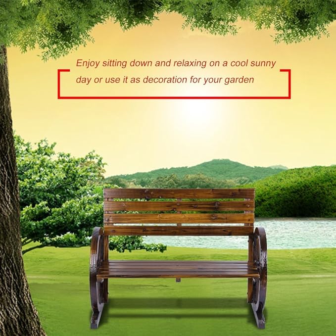 Patio Garden Wooden Wagon Wheel Bench, Rustic Wood Design Outdoor Wagon Wheel Bench Outdoor Furniture Decor (Tan Color)