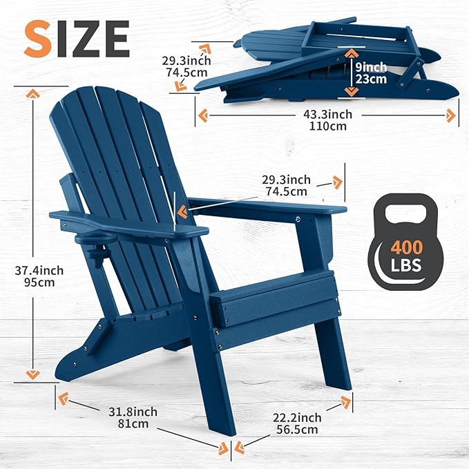 FUNBERRY Folding Adirondack Chair Set of 6, All Weather HDPE Fire Pit Chairs with Cup Holder for Outdoor