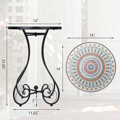 VCUTEKA Mosaic Outdoor Side Table, Round Rustproof Patio Tables with 14" Ceramic Tile Top, Indoor Porch Accent Table for Yard, Garden, Living Room, Bistro Balcony, Green