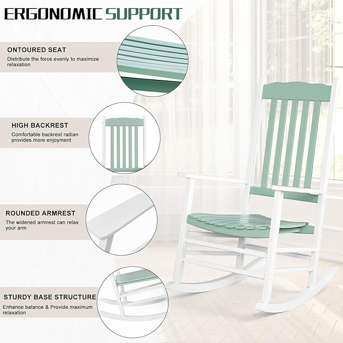 Outvita Outdoor Rocking Chair, Solid Wood High Back Rocker, All Weather Lounge Chair for Porch Patio Fire Pit Garden Backyard Deck Indoor, Wave Shape, White & Green