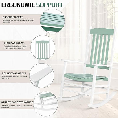 Outvita Outdoor Rocking Chair, Solid Wood High Back Rocker, All Weather Lounge Chair for Porch Patio Fire Pit Garden Backyard Deck Indoor, Wave Shape, White & Green