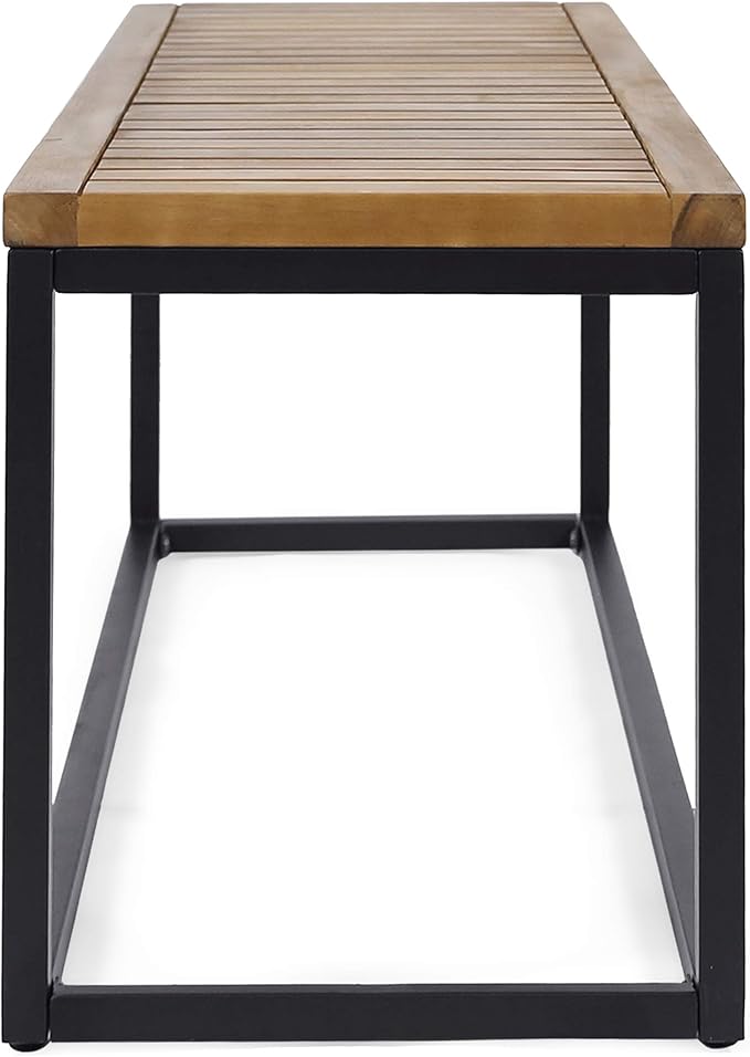 Drew Outdoor Industrial Acacia Wood and Iron Bench, Teak and Black