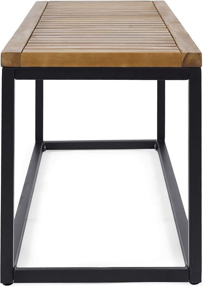 Drew Outdoor Industrial Acacia Wood and Iron Bench, Teak and Black