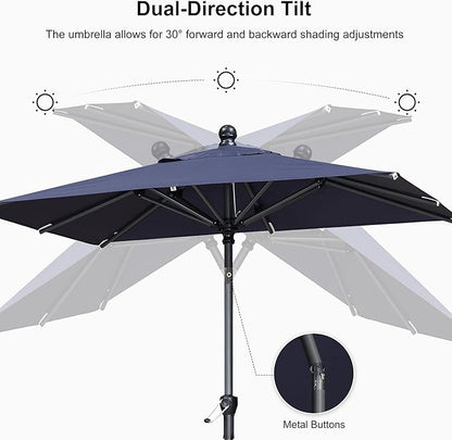 PURPLE LEAF Patio Chaise Lounge with 10' x 6.5' Tilt Umbrella Outdoor Lounge Chair Beach Pool Sunbathing Lawn Lounger, Base and Side Table Included, Navy Blue