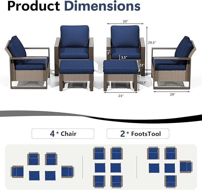 Outdoor Patio Furniture Set, 6 Piece Wicker Patio Conversation with Deep Seating, Thicken Cushions, Outdoor Club Chair, Metal Outdoor Furniture for Deck, Porch, Yard Use (Blue, 6 PCS/Chairs)