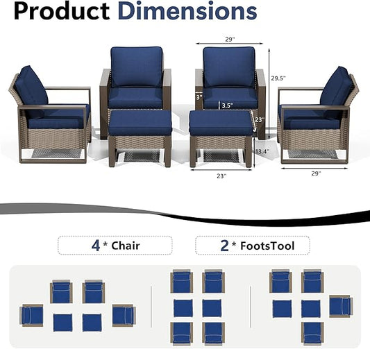 Outdoor Patio Furniture Set, 6 Piece Wicker Patio Conversation with Deep Seating, Thicken Cushions, Outdoor Club Chair, Metal Outdoor Furniture for Deck, Porch, Yard Use (Blue, 6 PCS/Chairs)