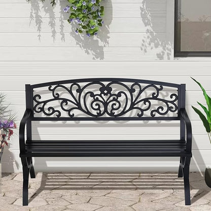 Dkelincs Outdoor Bench Patio Metal Bench 50 Inch Garden Bench Front Porch Bench w/Floral Design Backrest for Park, Yard, Porch, Lawn, Balcony, Backyard, Black