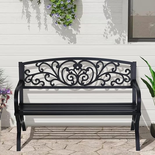 Dkelincs Outdoor Bench Patio Metal Bench 50 Inch Garden Bench Front Porch Bench w/Floral Design Backrest for Park, Yard, Porch, Lawn, Balcony, Backyard, Black