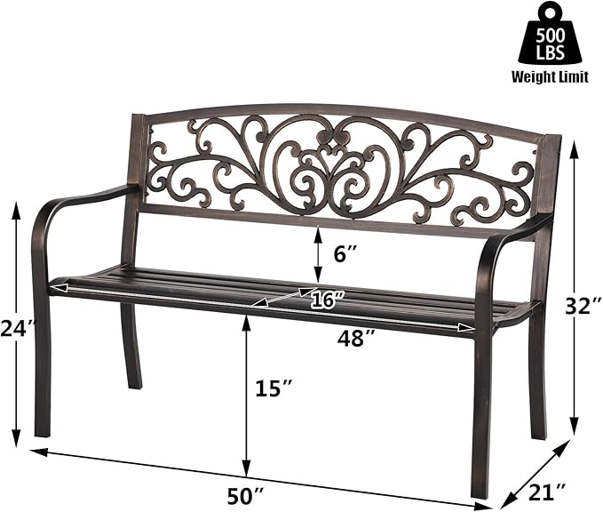 Patio Garden Bench Outdoor Metal Bench Park Yard Furniture Cast Iron Loveseats with Armrests for Porch Backyard Lawn Deck