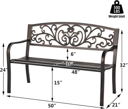 Patio Garden Bench Outdoor Metal Bench Park Yard Furniture Cast Iron Loveseats with Armrests for Porch Backyard Lawn Deck